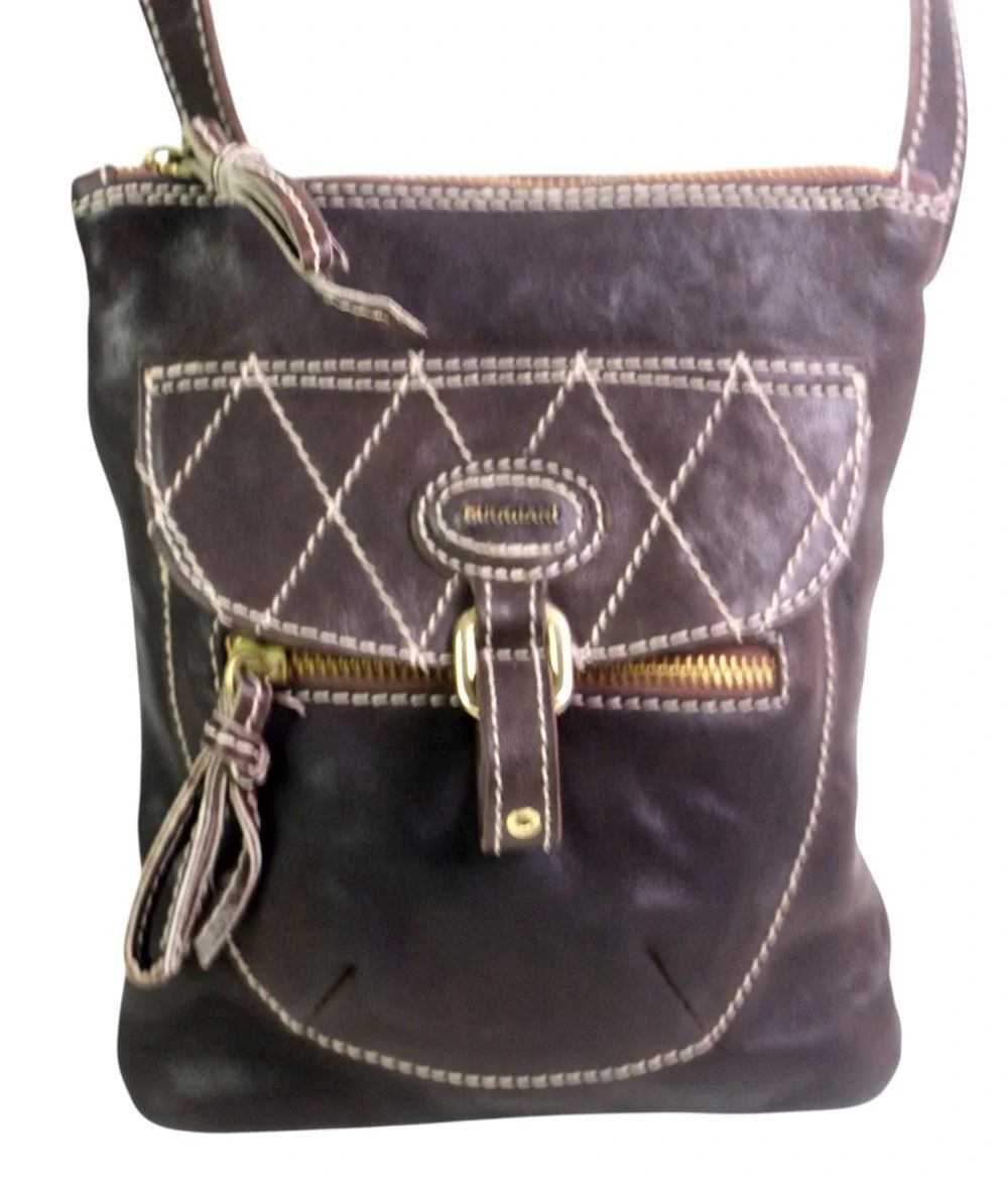 Marco Buggiani BROWN GENUINE LEATHER X-BODY ZIP TOP PURSE SHOULDER BAG HANDBAG